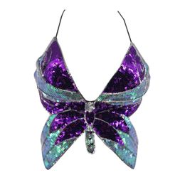 New Arrival Women's Butterfly-shaped Sequin Halter Top Sexy Deep V-neck BacklCrops Sling Vest for Summer Wear X0507