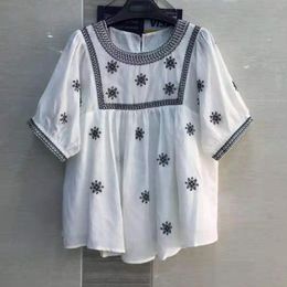 Women's Blouses & Shirts High Quality 2021 Summer Fashion White Tops Ladies Color Block Embroidery Short Sleeve Casual Loose Linen