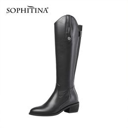 SOPHITINA High Boots For Winter Knigh Boots Combat Genuine Leather Low Heels Pointed Toe Fashion Women Winter Shoes PO777 210513