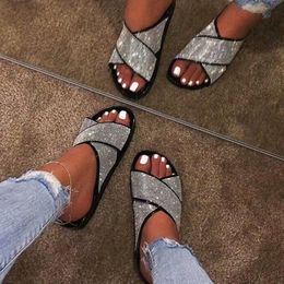 Slippers Summer Women's Flip Flops Rhinestone Diamante Sandals Shoes Flat Sandals Cross Casual Slides