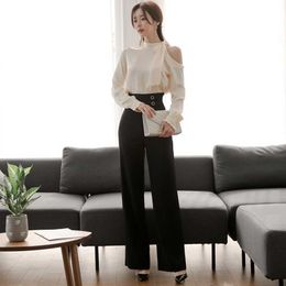 Autumn Office OL work Women Set Long sleeve Bow Top Shirt and High waist Pants Two Piece set Casual Outfit Suit 210529