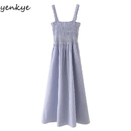 Sweet Women Blue Striped Sexy Sling Long Dress Elegant Female Sleeveless Cotton Casual Summer Vestido 210430