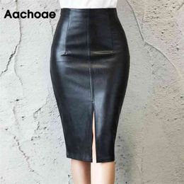 Aachoae Black PU Leather Skirt Women Midi Sexy High Waist Bodycon Split Office Pencil Knee Length Plus Size 210629