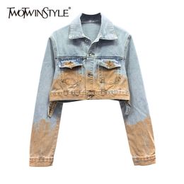 Casual Denim Coats For Women Lapel Hit Color Pockets Single Breasted Jacket Female Clothing Summer Fashion 210524