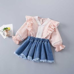 2-7 Years High Quality Spring Girl Clothing Set Fashion Pink Solid Shirt + Denim Skirts Kid Children Girls 210615