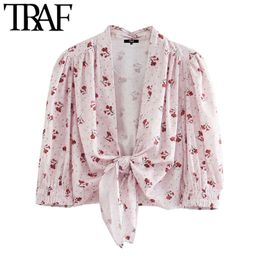 Women Fashion With Bow Tied Floral Print Cropped Blouses Vintage Three Quarter Sleeve Female Shirts Chic Tops 210507