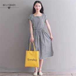 Mori Girl Summer Women Vintage Long Dresses Black White Plaid Elegant Vestido Longo Cotton Linen Robe Femme Midi Dress 210520