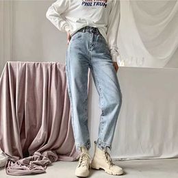 Trousers Buttons Torre Pants Women' Autumn Straight High Waist Women's Washing Jeans 210607