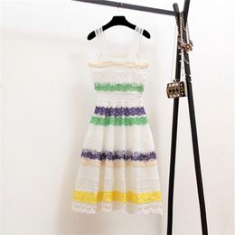 Summer est Runway Designer Colorful Striped Patchwork Spaghetti Strap Dress Floral Crochet Hollow out Lace 210603