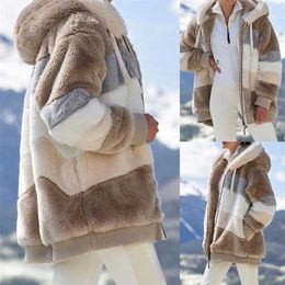 Winter Ladies Hooded Plush Jacket Contrast Stitching Flocking Dawstring Warm Coat Long Sleeve Pocket Zip Loose Overcoat 211220