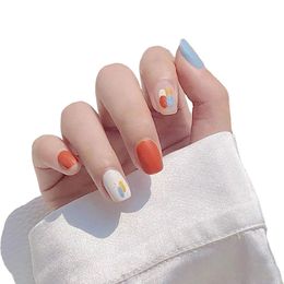 Cute Short Acrylic Nails 24pcs Square Press on Orange Full Cover Artificial Nail Matte False Fingernail for Women and Girls