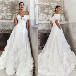 Hand Made Flower Wedding Dresses Romantic A Line Off Shoulder Sweep Train Bridal Gowns With Belt Applique Plus Size Marriage Wear