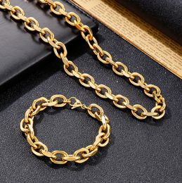 10mm Golden Stainless Steel Jewelry Set Link Chain Necklace and Bracelet For Mens Women Boys Nice Gifts 24inch + 8 inch