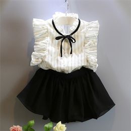 Summer Girls' Clothing Sets Cute Korean Temperament Striped T-Shirt +Sweet Skirt 2PCS Princess School Kids Children Clothes 210625
