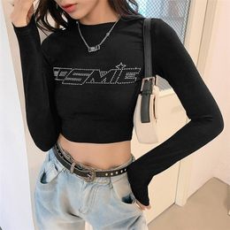 E-girl Rhinestone Letter Printed Tshirt Woman Street Bodycon Slim Crop Tops Female Soft Long Sleeve Basic Aesthetic Tees 210317