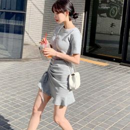 WOMENGAGA Korea Spring Summer Tops Drawstring Pleated Short Sleeve Slim Sexy T Shirt Mini Dres's Dresses HY5Y 210603