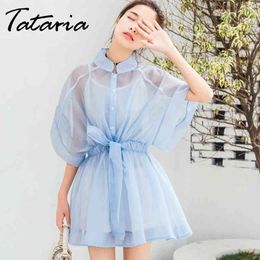 Tataria Women Casual Loose Short Sleeve T-shirt Dress Lace Mesh Female A Line Sashes Patchwork Mini es O-neck 210514