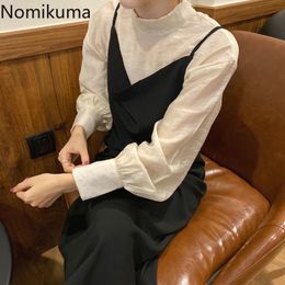 Nomikuma Elegant Women Two Piece Set Stand Collar Bow Lace Up Shirts V Neck Spaghetti Strap Dress Korean Outfits Suits 3c554 210514