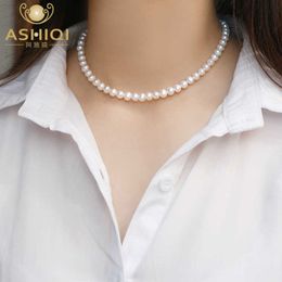 ASHIQI Natural Freshwater Pearl Chokers Necklace 925 Sterling Silver Jewellery Women 2021 Gift Fashion