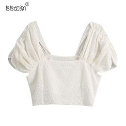 Women Fashion Textured Ruched Puff Sleeves Cropped Blouses Vintage Square Collar Backless Shirts Girls Chic Tops 210520