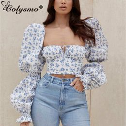 Colysmo Puff Sleeve Top White Sweet Square Neck Ruched Drawstring Floral Blouse Women Clothes Autumn Fashion Party Wear 210527