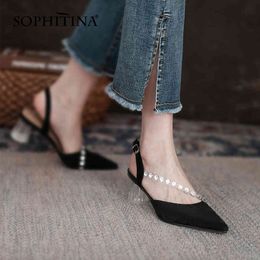 SOPHITINA Women Sandals Retro Crystal Heel Back Strap Leather Sandals Pointed Toe All-Match Casual Lady Shoes AO886 210513