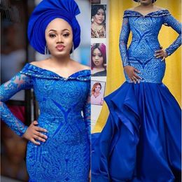 2021 Aso Ebi Royal Blue Mermaid Evening Dress Long Sleeve Off Shoulder Shiny Lace Prom Dresses African Ruffled Skirt Formal Gowns