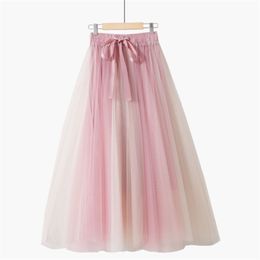 Summer Versatile Slim Bow Tie Vintage Contrast Stitching Mid Length Fairy Sweet Mesh Beach Pink Skirt 210529