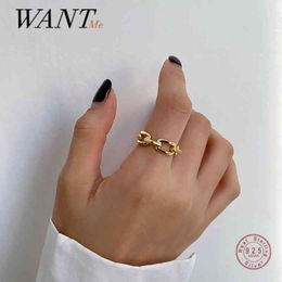 WANTME Genuine 925 Sterling Silver 18k Gold Punk Hip Hop Link Chain Open Ring for Fashion Women Rock Men Party Jewellery 210507