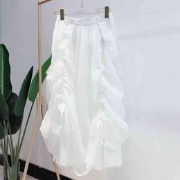 Simple Fresh White Fairy Skirts Women Korean Fashion Shirring Design Faldas Mujer Spring Summer All Match Elastic Jupe 210514