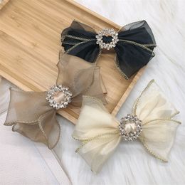 Korean Graceful Women's Hairpins Hair Accessories Temperament Round Rhinestone Gold Silk Double Yarn Bow Spring Clip Headwear
