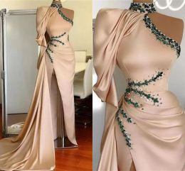 Champagne Mermaid Prom Dresses With Cape Overskirt High Neck Beaded Side Slit Sexy Formal Ocn Wear Evening Party Gown Custom Made Plus Size Vestidos 403