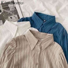 Kimutomo Long-sleeved Shirt Women Spring Hong Kong Style Female Casual Solid Colour Wrinkled Single Breasted Top Fashion 210521