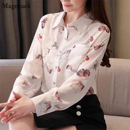 Women Tops and Blouse Long Shirt Korean Lantern Sleeve Print Floral Work Wear Chiffon s Blouses Blusas Mujer 8474 210512