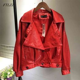 Women Faux Leather Jacket Bat Sleeve Short Biker Coat Vintage Punk Outwear Red Green Motorcycle Jackets Boy Friend 210430