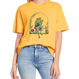 Cottagecore Aesthetic Cute Frog Playing Banjo on Mushroom Funny Women's Shirt Short Sleeve Unisex T-Shirt Cotton Tee 210623