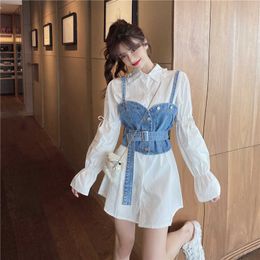 Korean Elegant Women 2piece Blouse Sets Bow Tie Puff Sleeve Ruffle Turn-down Collar + Sashes Slim Demin Vest 210529