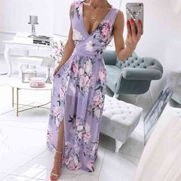 V Neck Sleeveless Summer Maxi Dress Robe for Women Boho Beach Style Long Vintage Flower Sundress French Vestidos 210427