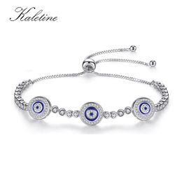 Women Evil Eye Lucky Hamsa Genuine 925 Sterling Silver Men Luxury Round Blue Eyes CZ Crystal Tennis Bracelet KLTB014