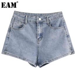 [EAM] Высокая талия синий карман повседневная джинсовая широкая нога джинсы свободные женщины брюки мода весна лето 1dd7921 210512