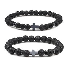 Natural Lava Stone Men Bracelets 6mm 8mm Black Onyx Beads Hematite Cross Charm Bracelet & Bangle Women Jewellery