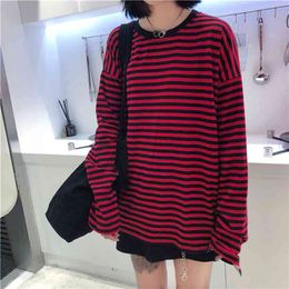 Women Men Fashion Brand Korea Style Vintage Black Red Stripe Ulzzang Harajuku O-neck Long Sleeve T-shirts Female Casual Tshirts 210819