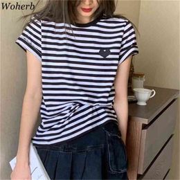 Short Sleeve T Shirts Women O Neck Love Embroidery Stripes Loose Casual Tees Korean Summer Basic Fashion Shirt Tops 210519