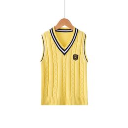 Preppy Style Boys Knit Vest Autumn Winter Solid Colour V-neck Sweaters Children Knitted Sleeveless School Uniform for Girls 210622