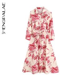 Spring Women Vintage Loose High Waist Slim Was Thin Elegant Flowers Printing Single-breasted Maxi Dress ZA5970 210427