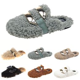 Cheaper Newly autumn winter womens slippers metal chain all inclusive wool slipper for women outer wear plus big szie Muller half drag shoe