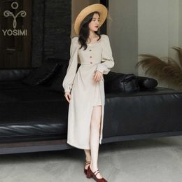YOSIMI Vintage Beige Women Dress Spring Square Collar Long Sleeve Mid-calf A-line Black Elegant Midi Vestido Feminino 210604
