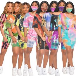 2022 Summer Tie Dye Printing Tracksuits For Womens V Neck Short Sleeve Tops Shorts Casual 2 Piece Sets