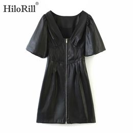 Chic Women Black Faux Leather Mini Dresses Puff Short Sleeve Pleated Party Sexy V Neck PU Zipper Vestidos 210508