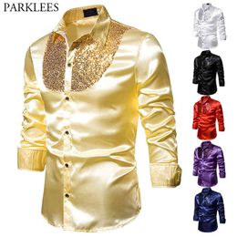 Mens Shiny Gold Sequins Patchwork Western Boy Shirts Casual Silk Slim Fit Men Silk Shirt Party Dance Stage Prom Festival Costume 210522